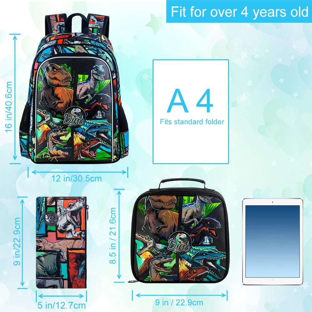 Kids Dinosaur Backpack Set | 3-Piece School Bag with Lunch Box