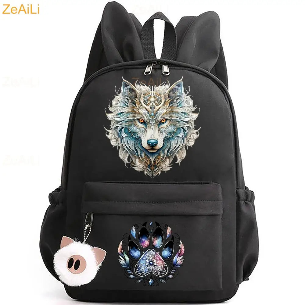 Retro Wolf Head Paw Backpack | Stylish Casual School Rucksack