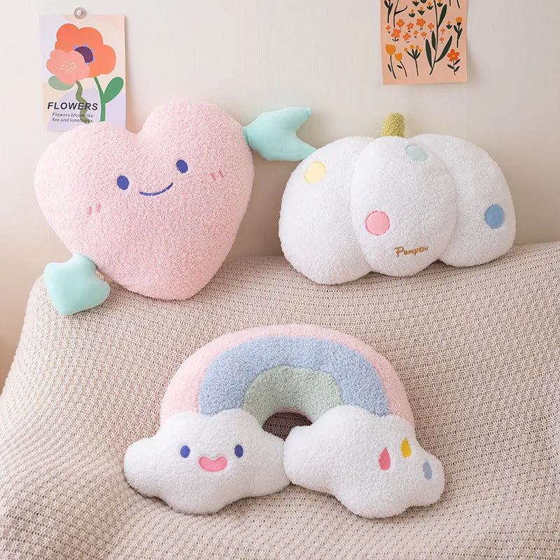 Soft Plush Rainbow Heart & Pumpkin Throw Pillow — Stuffed Hug Cushion Unicorn Plush Toy Massage Pillow for Girl Bedroom Decor