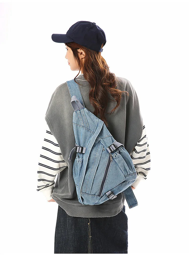 Vintage Washed Denim Sling Bag Man Woman Multifunction Retro Large Capacity Portable Motorcycle Chest Bag
