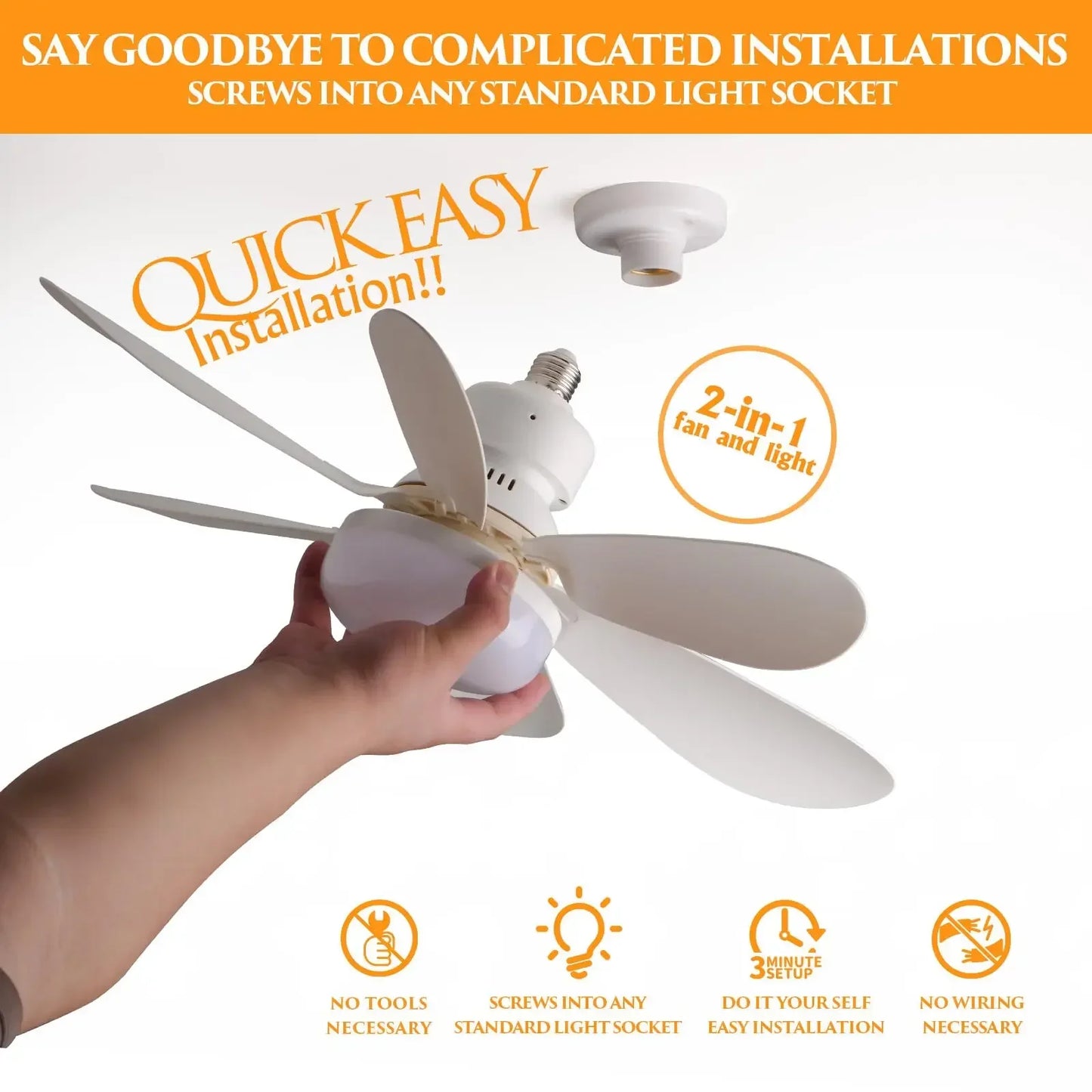 Cordless Light Socket Fan for Kitchen & Bedroom | Energy Efficient