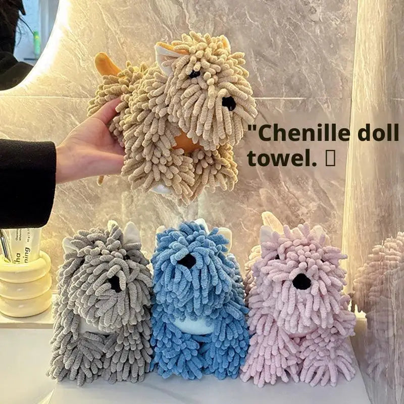 Cute Cartoon Puppy Hand Towel | Fluffy Chenille Kitchen & Bath Towel