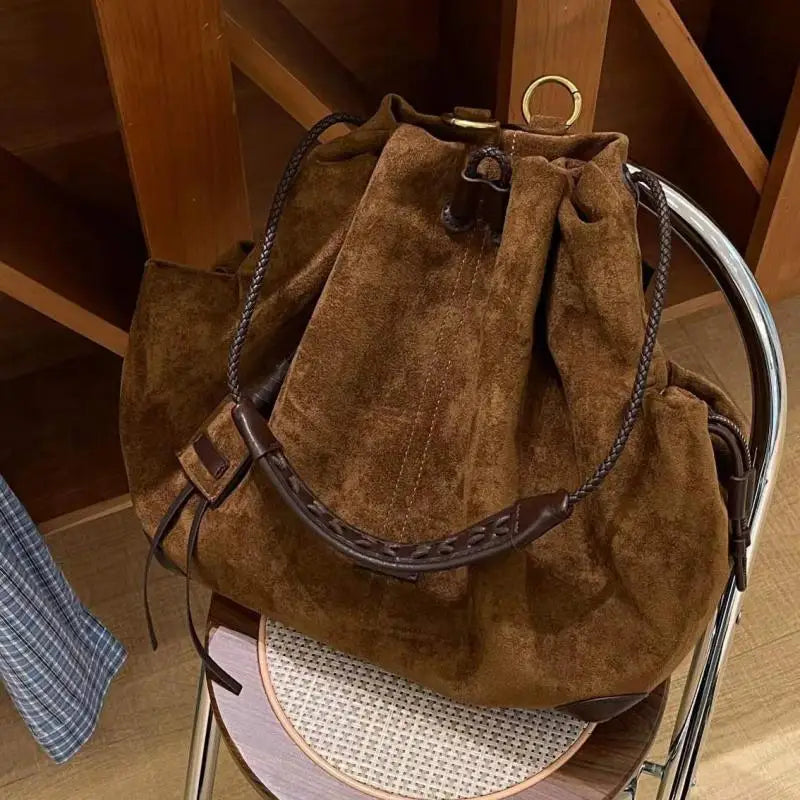 Trendy Retro Frosted Suede Bucket Backpack | Stylish Large Capacity Bag