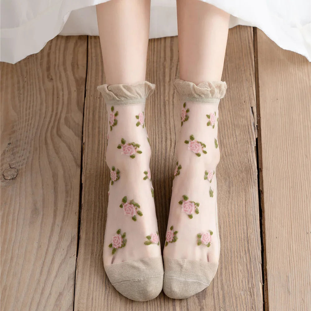 Women's Ultra-thin Lace Ruffle Socks | Vintage Rose Floral Style