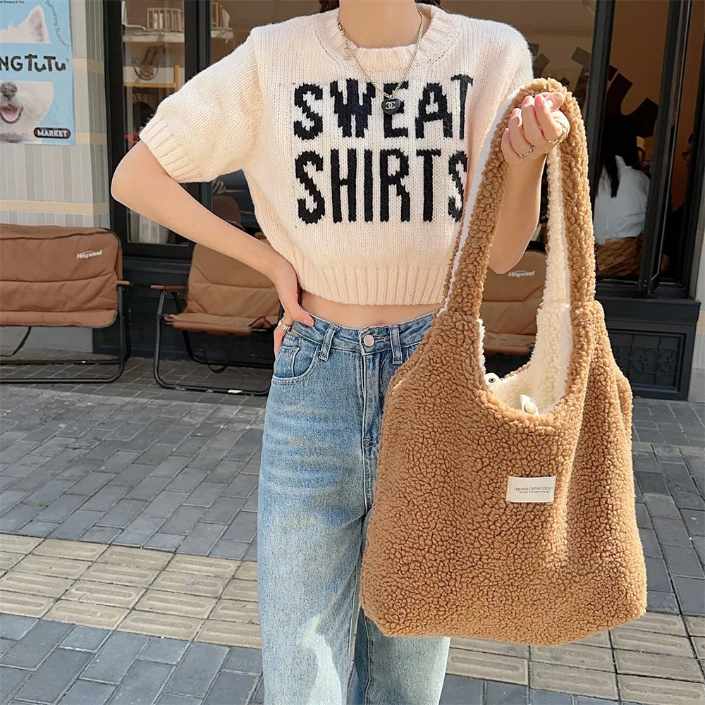 Reversible Plush Shoulder Bag for Women | Warm Fabric Tote