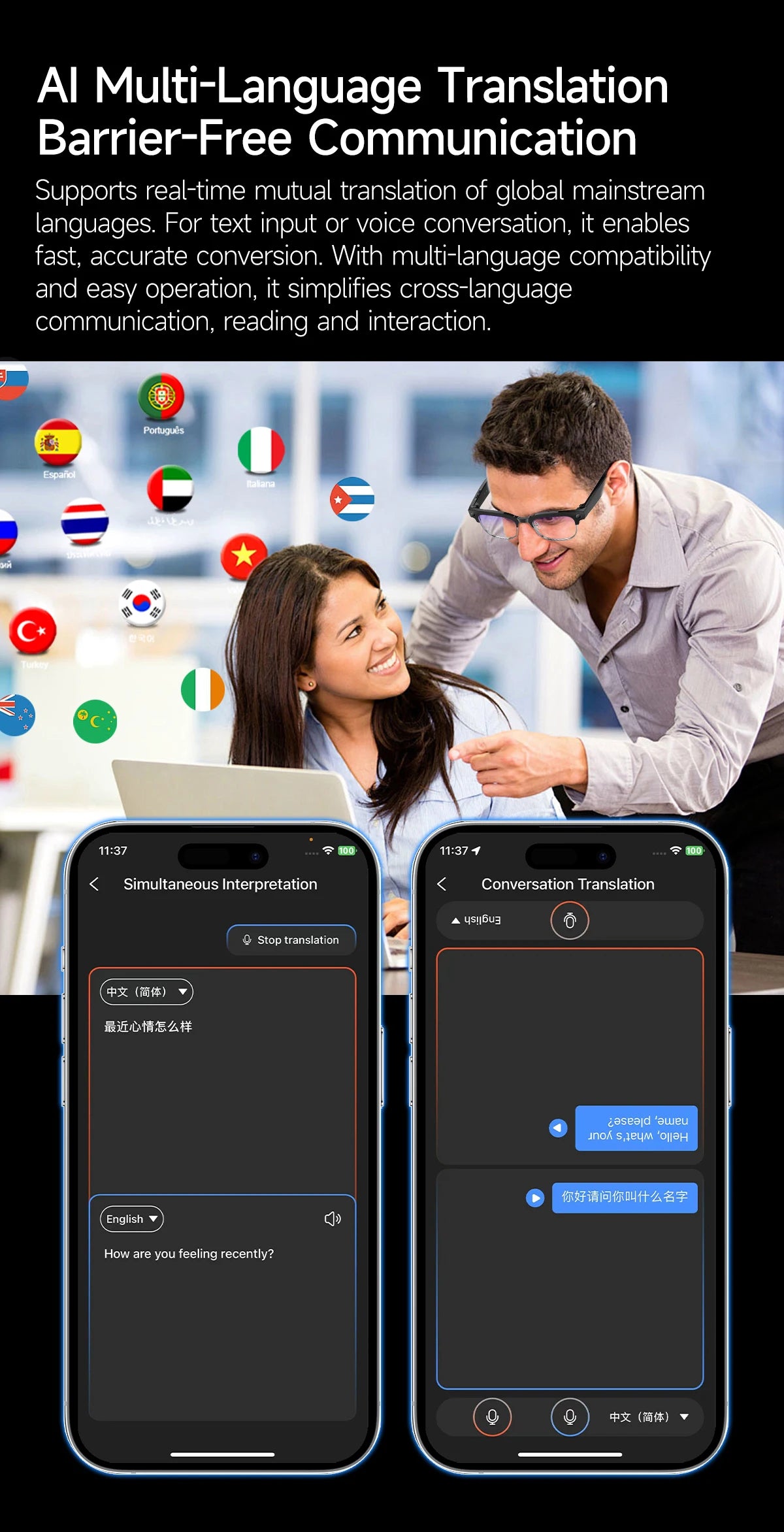AI Smart Glasses with 800W Camera & Multilingual Translation