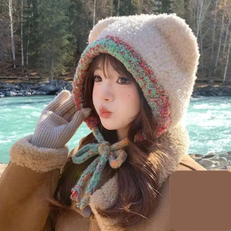 Women's Cute Bear Plush Knitted Hat | Cozy Winter Beanie