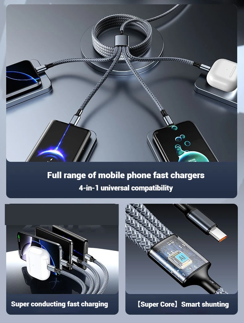4-in-1 Multifunctional Charging Cable Supports USB-A to USB-C, Micro USB, and Braided Cables for Charging Multiple Devices