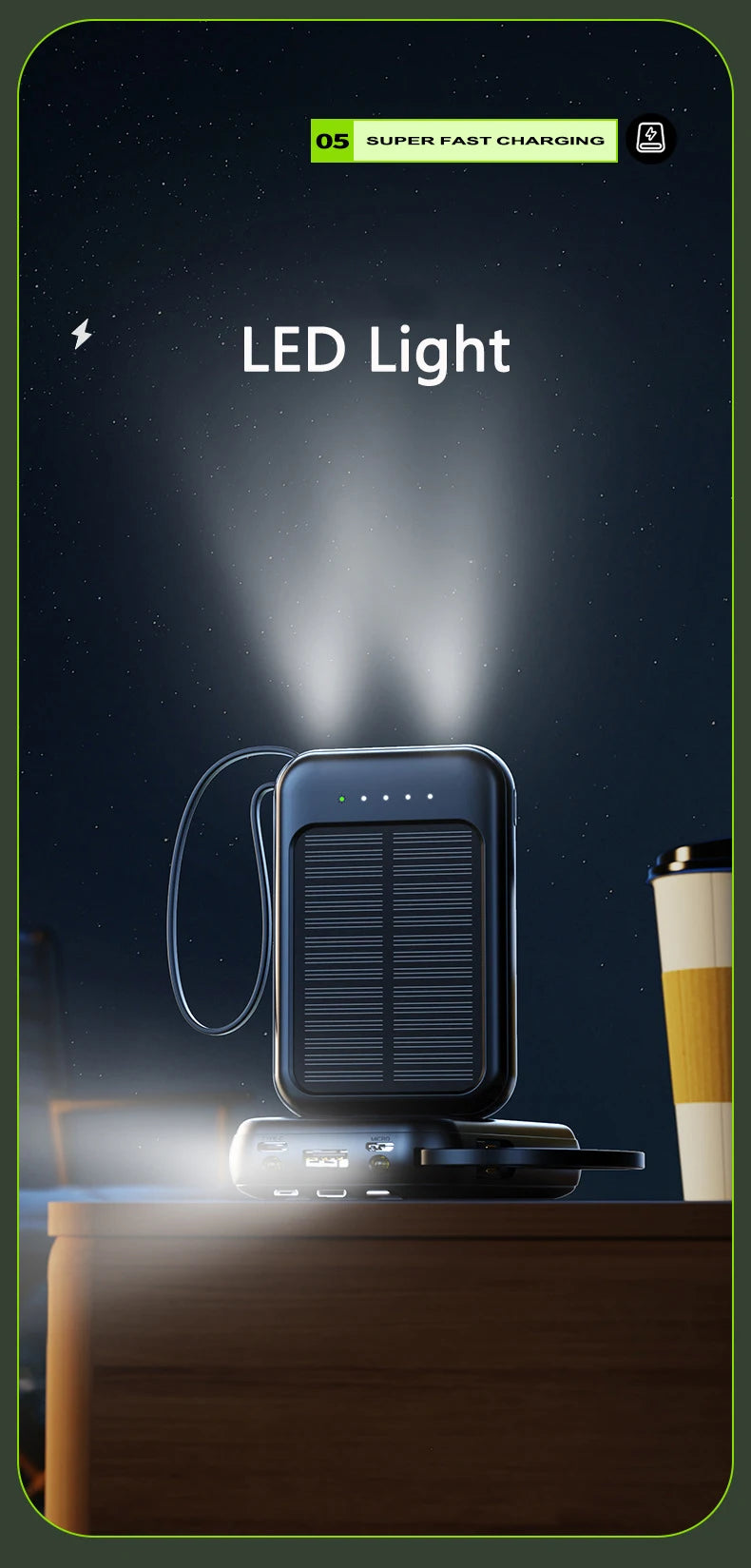 50000mAh Mini Solar Power Bank | Portable Charger with Cables