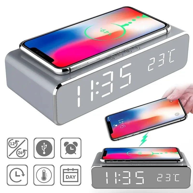 5W Wireless Charger Alarm Clock — Multifunction LED Digital Clock with Thermometer, Time Display & Fast Charging Dock for iPhone, Samsung & Qi-Compatible Phones