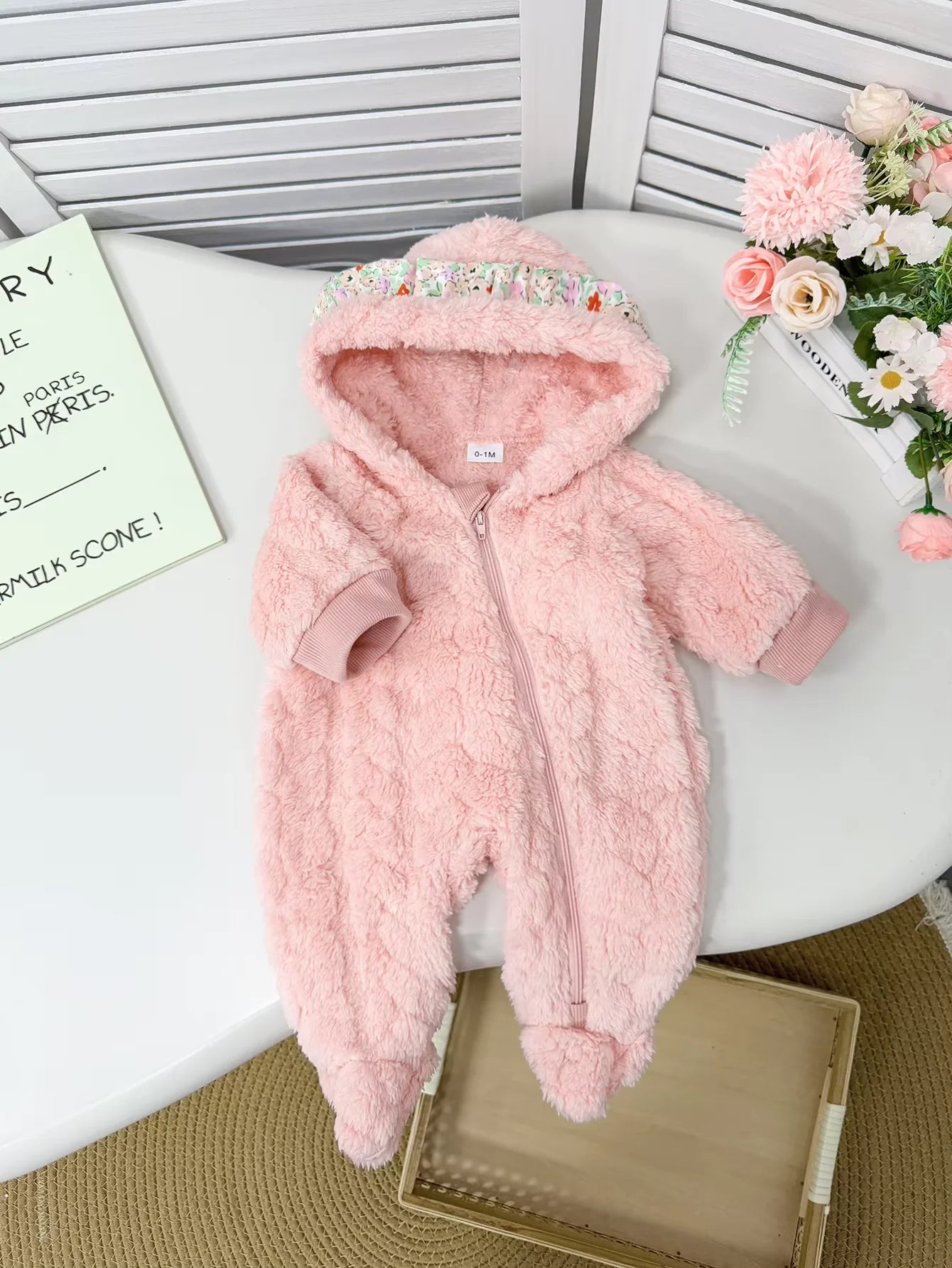 Cute Pink Fluffy Baby Romper Suit | Cozy Winter Outfit for Infants