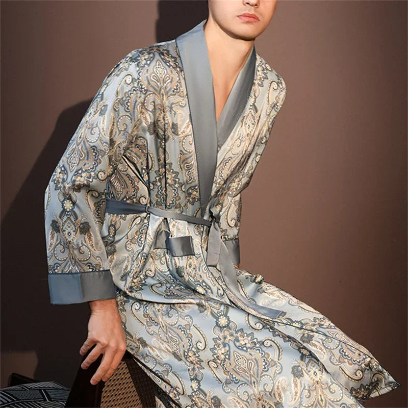 Spring Summer New Mens Robe Printed Bathrobe Kimono Gown Silky Satin Male Sleepwear Night Clothes Loose Casual Homewear Pajama