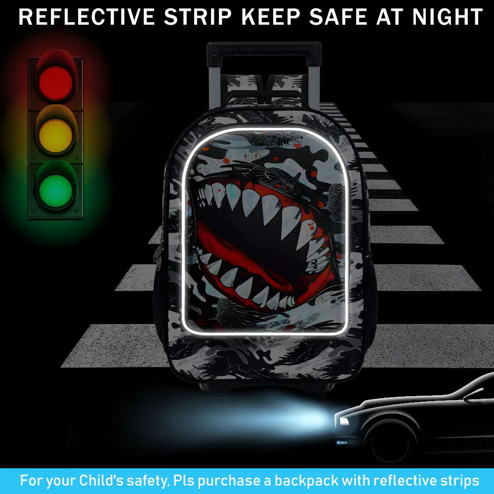3PCS Shark Rolling Backpack for Boys | Kids Wheeled School Bag