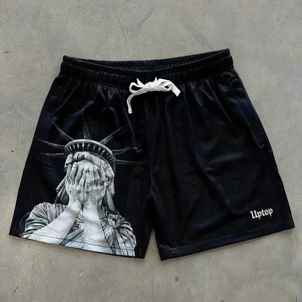 Men's Summer Statue of Liberty Print Drawstring Shorts