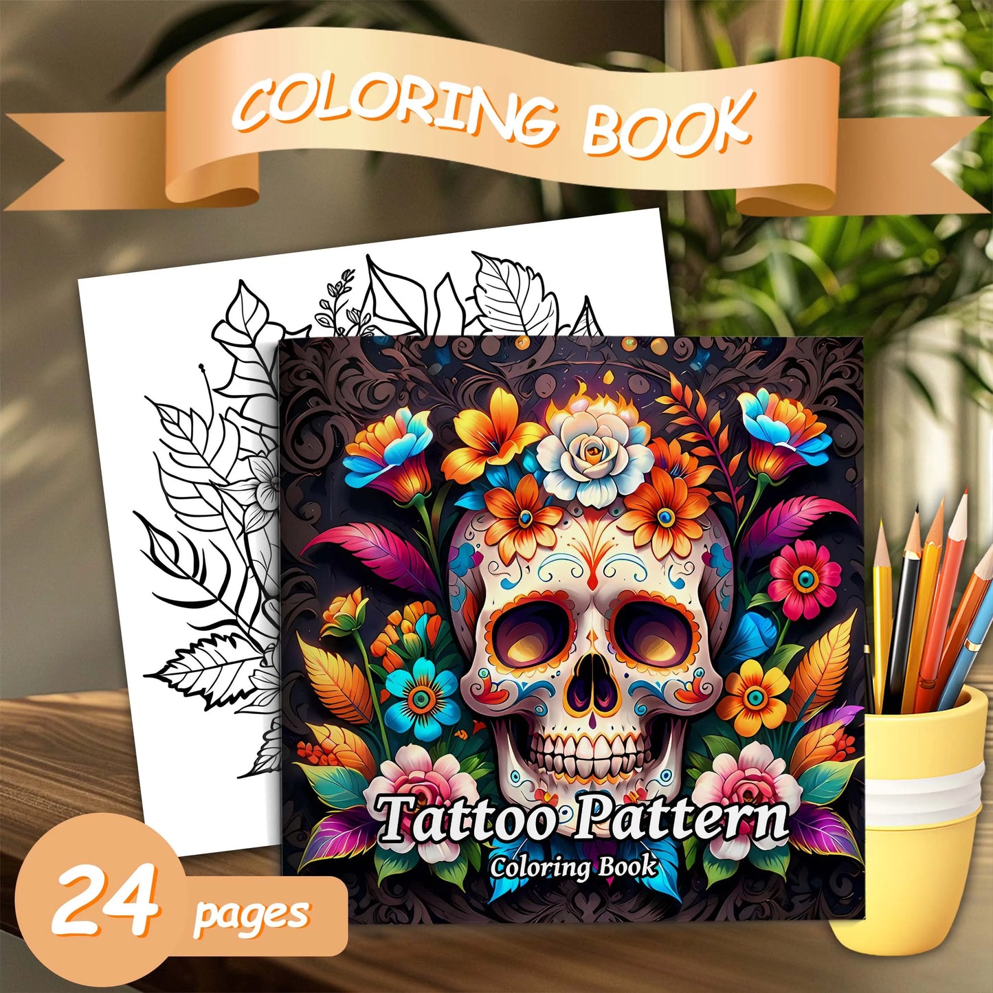 Tattoo Pattern Coloring Book | Skull in Rose Abstract Art