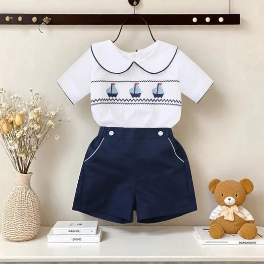 Stylish Boys Boat Smocked T-shirt Set | Trendy Infant Summer Outfit