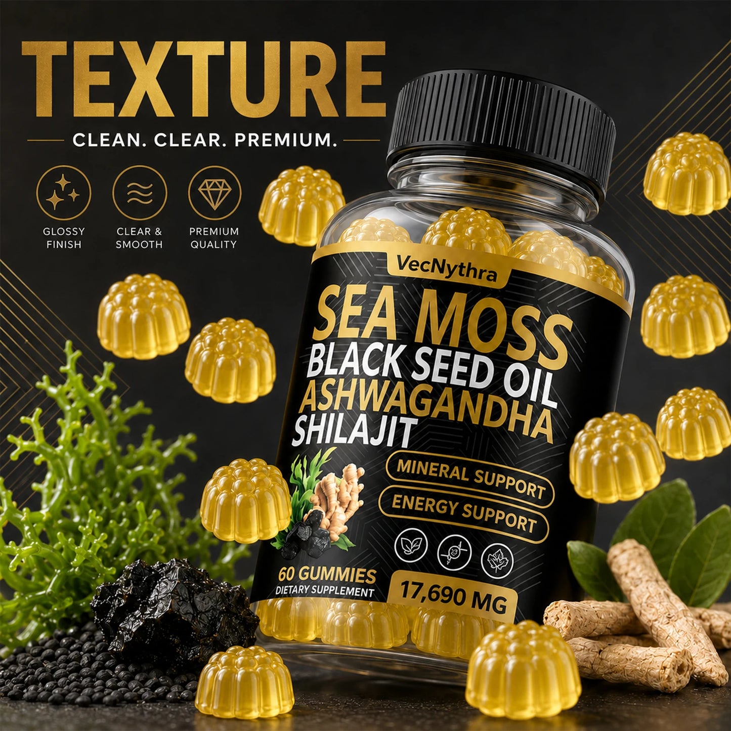 Powerful 60pcs Sea Moss & Shilajit Gummies | Boost Immunity & Energy