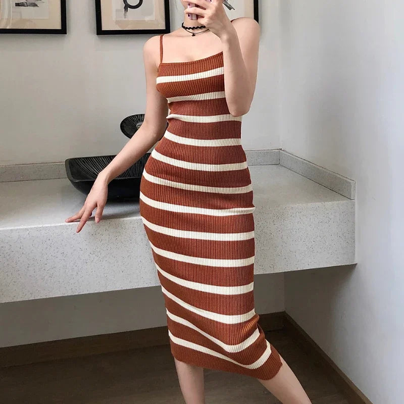 Summer Sexy Knitting Sleeveless Dress | Vintage Striped Bodycon Midi