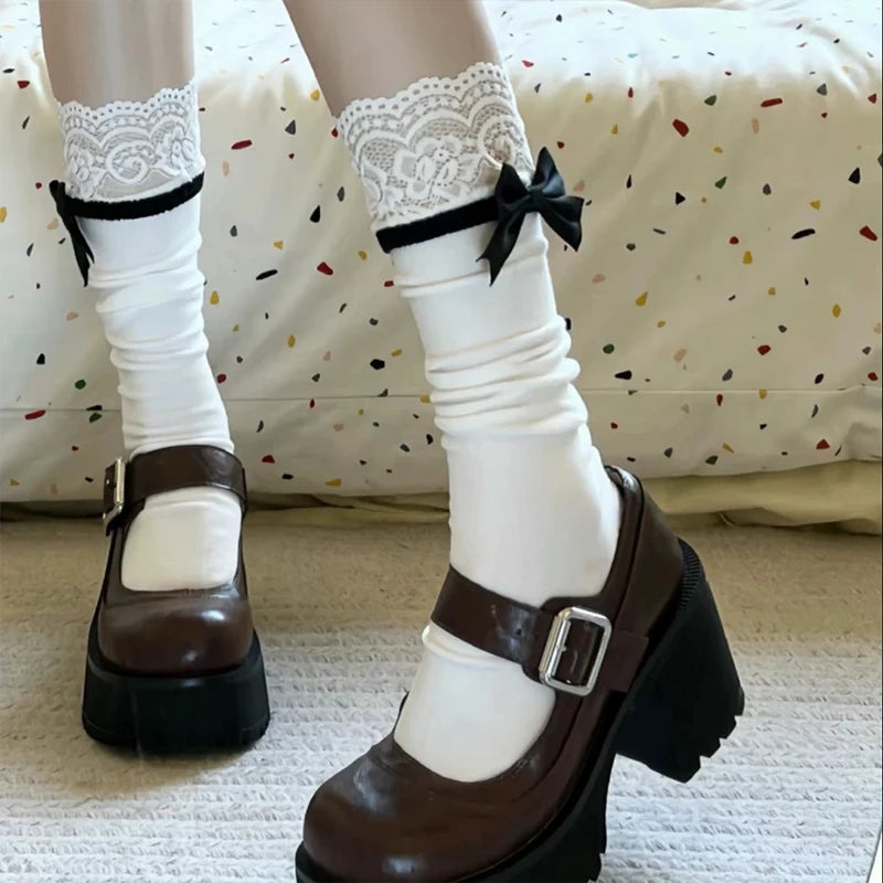 Elegant Japanese Lolita Mid-Tube Socks | Bow & Lace Design