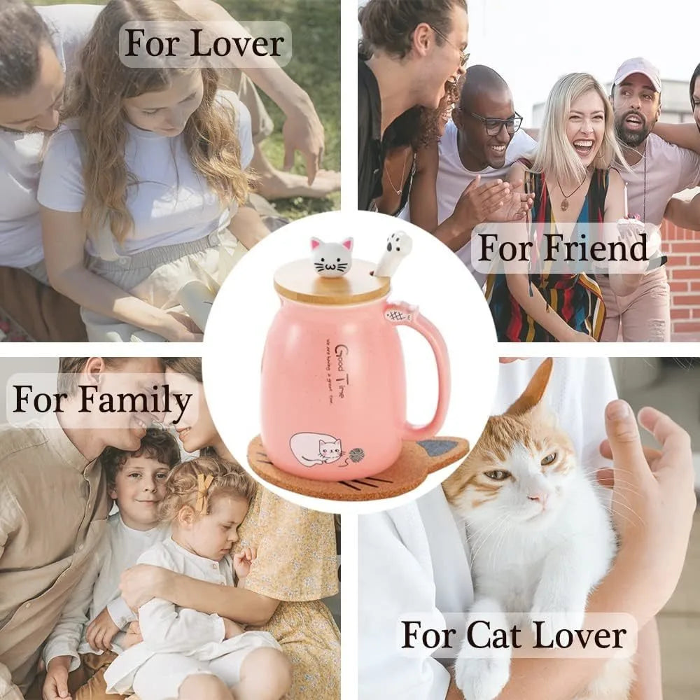 Cute Cat Water Cup | Adorable Ceramic Mug with Lid & Spoon