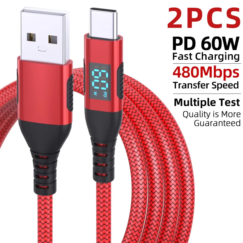 60W USB A to Type C Fast Charging Cable with Digital Display