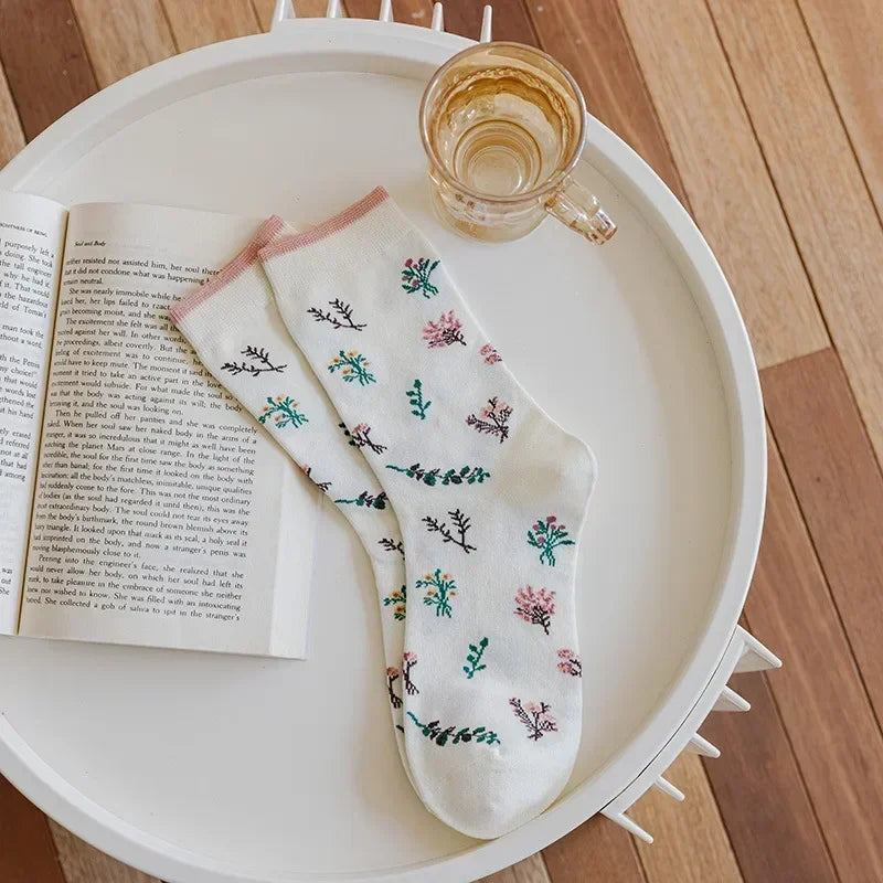 Cute Pink Flower Embroidery Socks for Women | Kawaii Retro Style