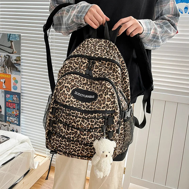 Vintage Leopard Print Backpack, Large Capacity School Bookbag with Side Mesh Pouch, for Students Travel Outdoor Streetwear