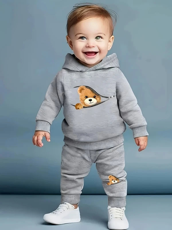 Newborn Baby Boy Bear Print Fleece Hoodie & Pants Set | Cozy Outfit