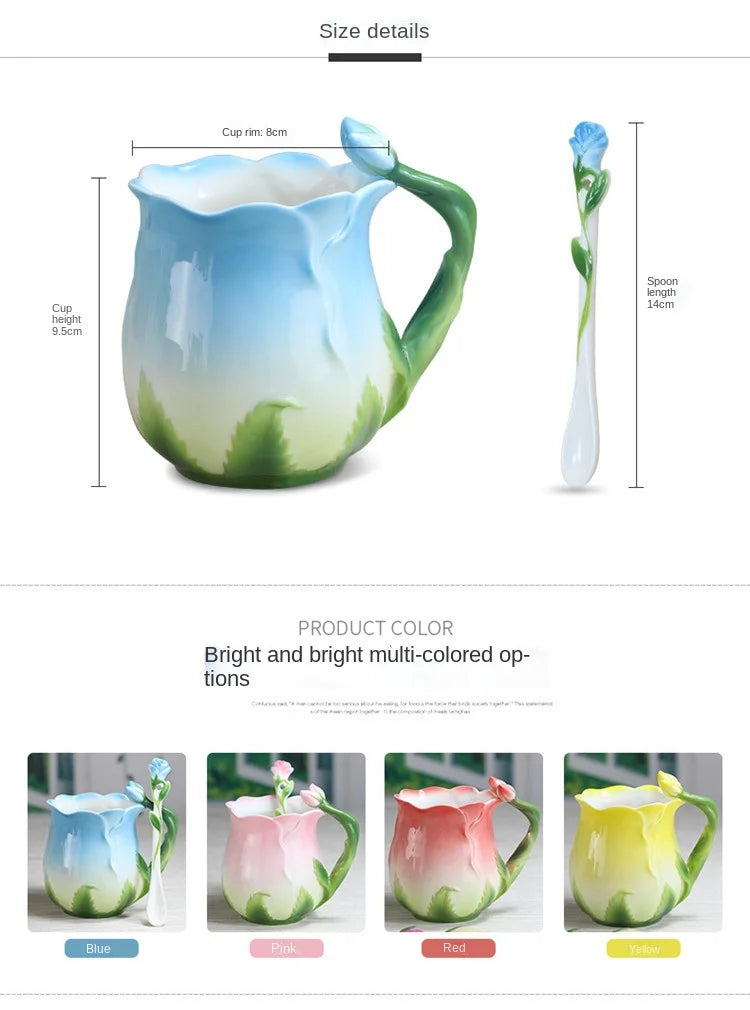 Creative 3D Rose Shape Ceramic Coffee Mug with Spoon - 4 Colors