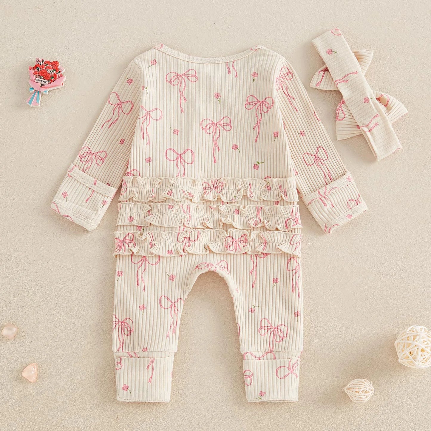 Charming Butterfly Knot Print Long Sleeve Baby Romper & Headband