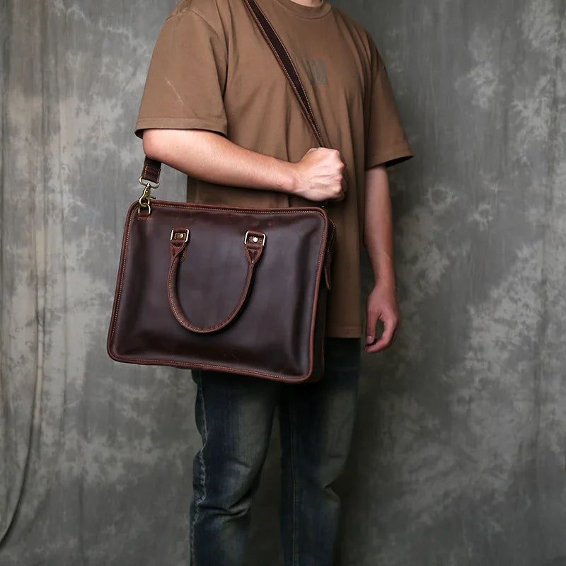 Handmade Genuine Leather Briefcase | Retro Large Capacity Laptop Bag