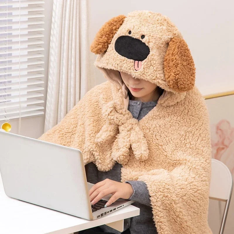 Cartoon Puppy Plush Blanket Toy – Warm Cozy Dog Hat Blanket, Soft Stuffed Plush with PP Cotton, Big Size 110×110cm, Cute Winter Office Companion, Birthday & Christmas Gift