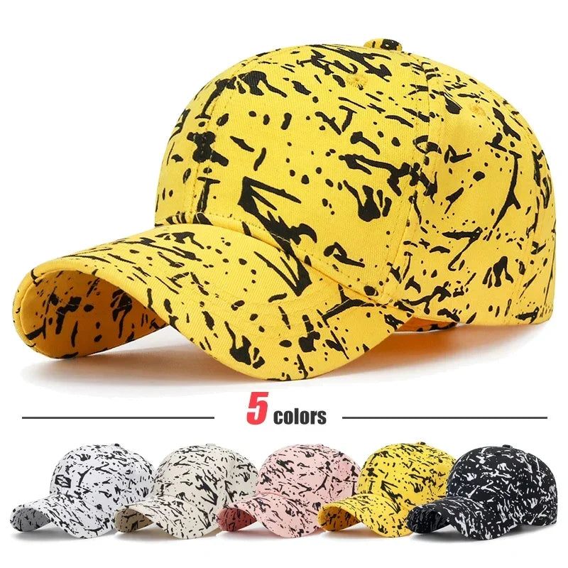 Yellow cap with black abstract pattern on a white background, with color options displayed below.
