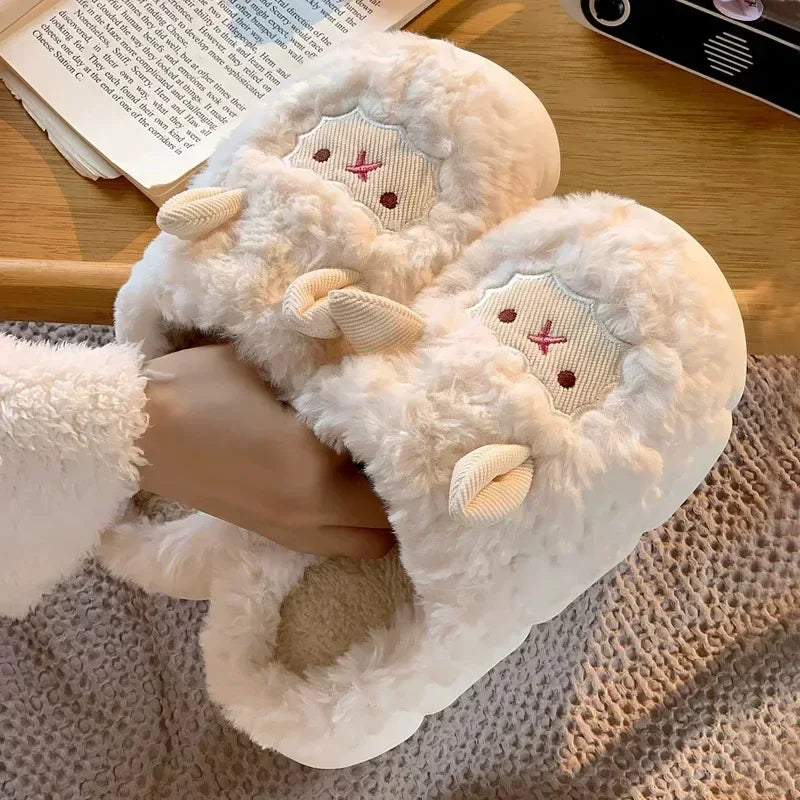 Cute Sheep Plush Slippers | Warm Faux Fur Indoor/Outdoor Shoes