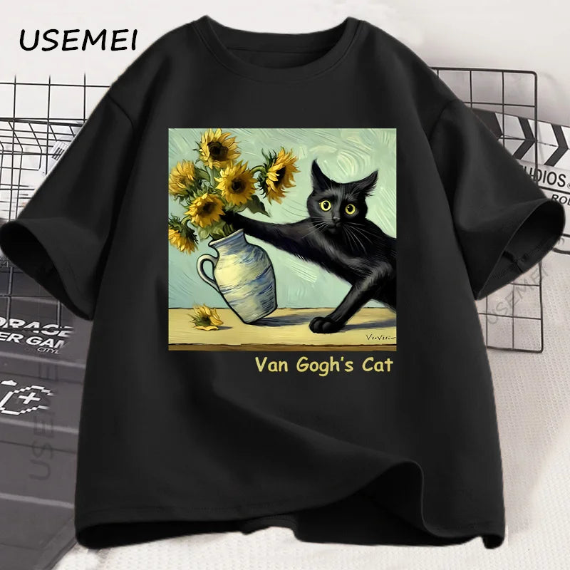 Funny Cat Art Print T-Shirt | Trendy Summer Short Sleeve Tee