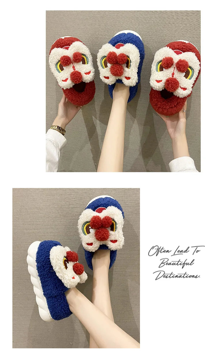Cute Lion Dance Plush Slippers | Cozy Warm Winter Slides