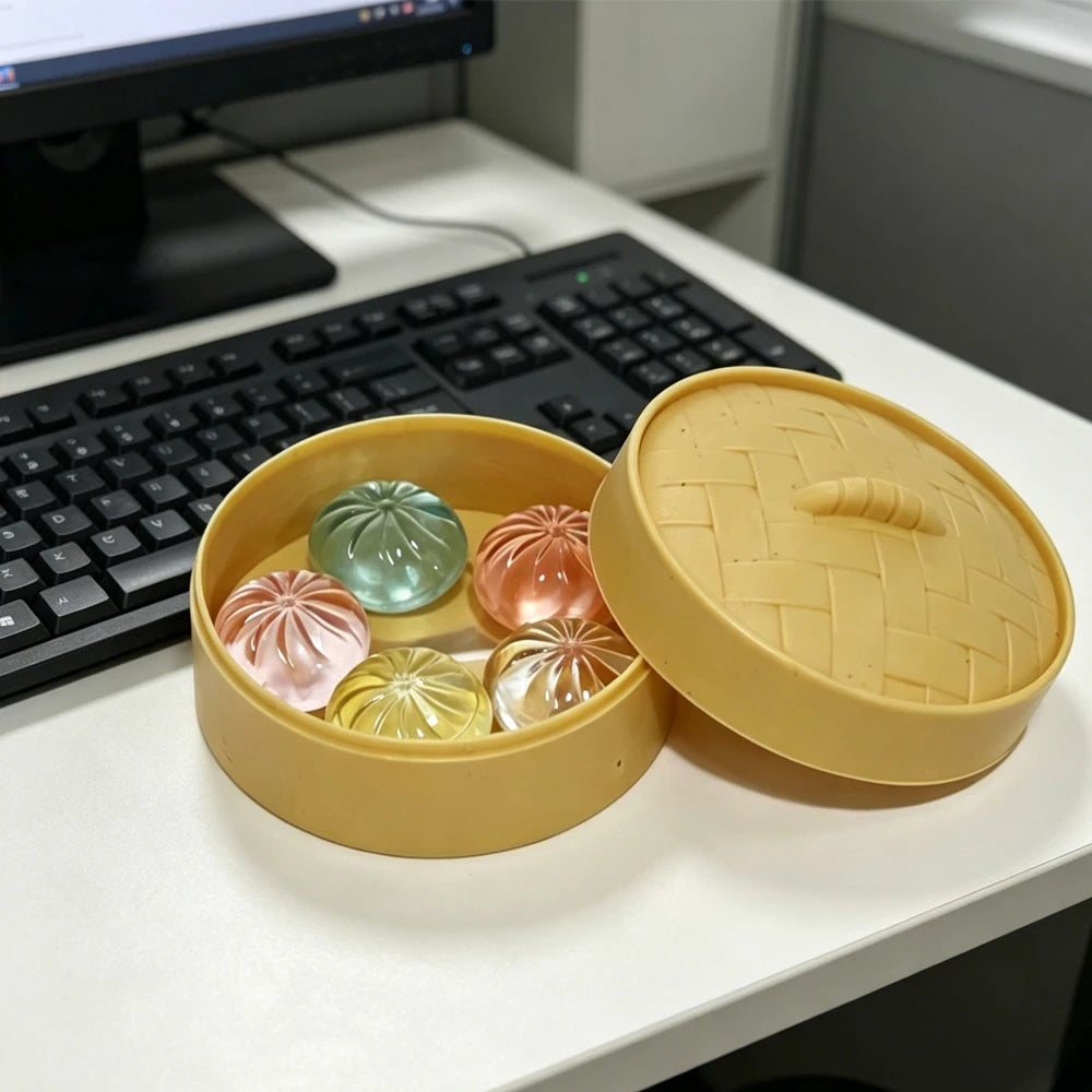 5 Mini Squishy Dumplings with Steamer Squeezable Toys Set Fidget Sensory Toy For Adults Stress-relieving Toys Birthday Favors