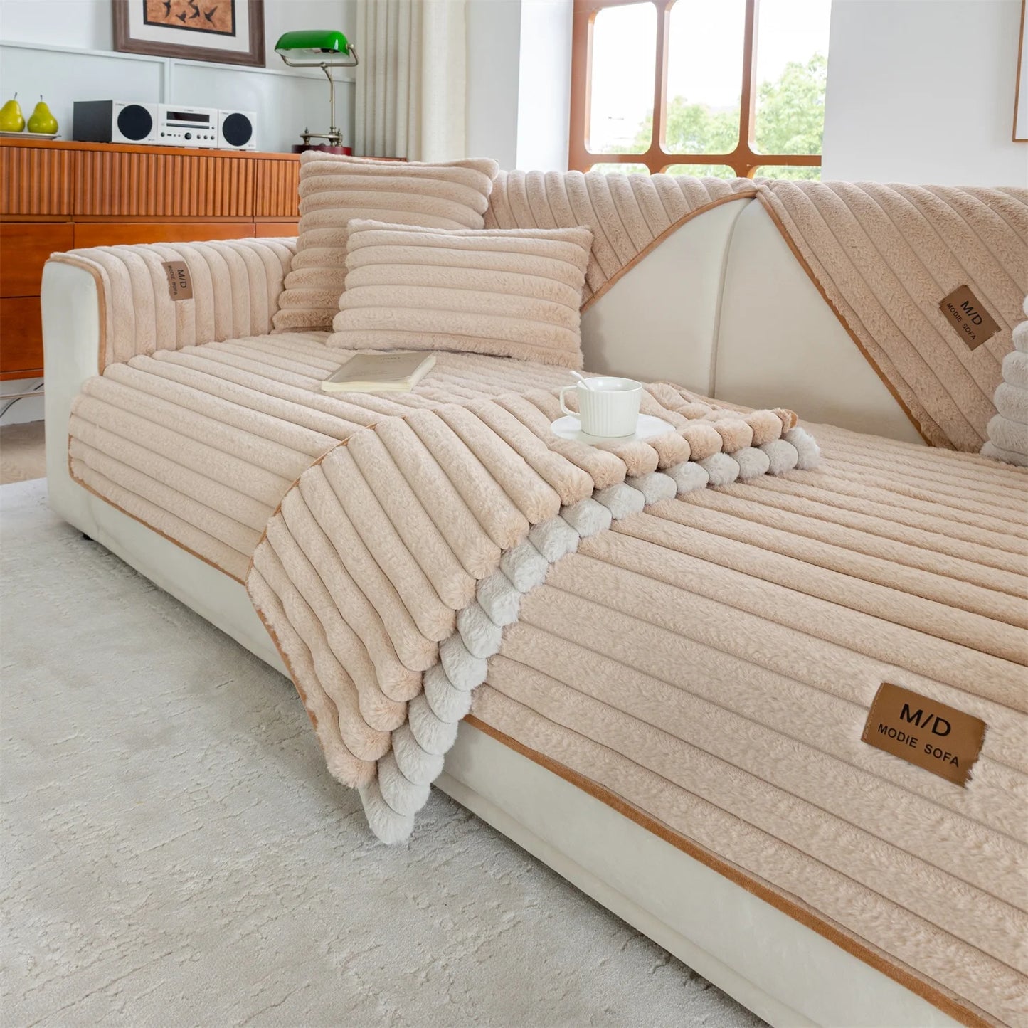 Stripe Imitation Rabbit Fur Plush Sofa Cover | Non-Slip Couch Slipcover