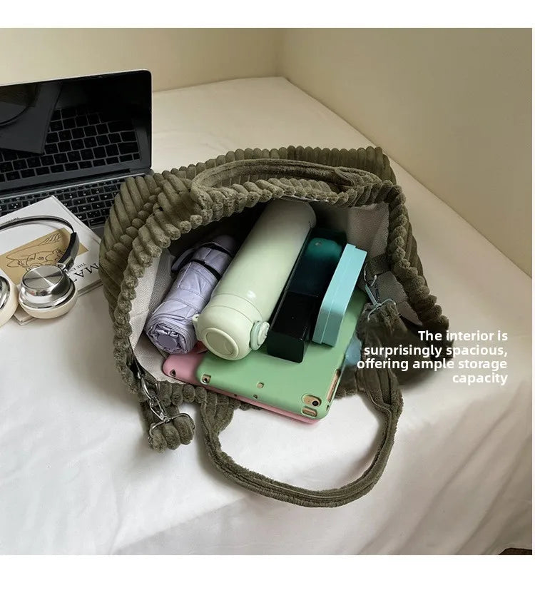 Bolso de mano de terciopelo a rayas de gran capacidad | Bolso tote elegante y versátil