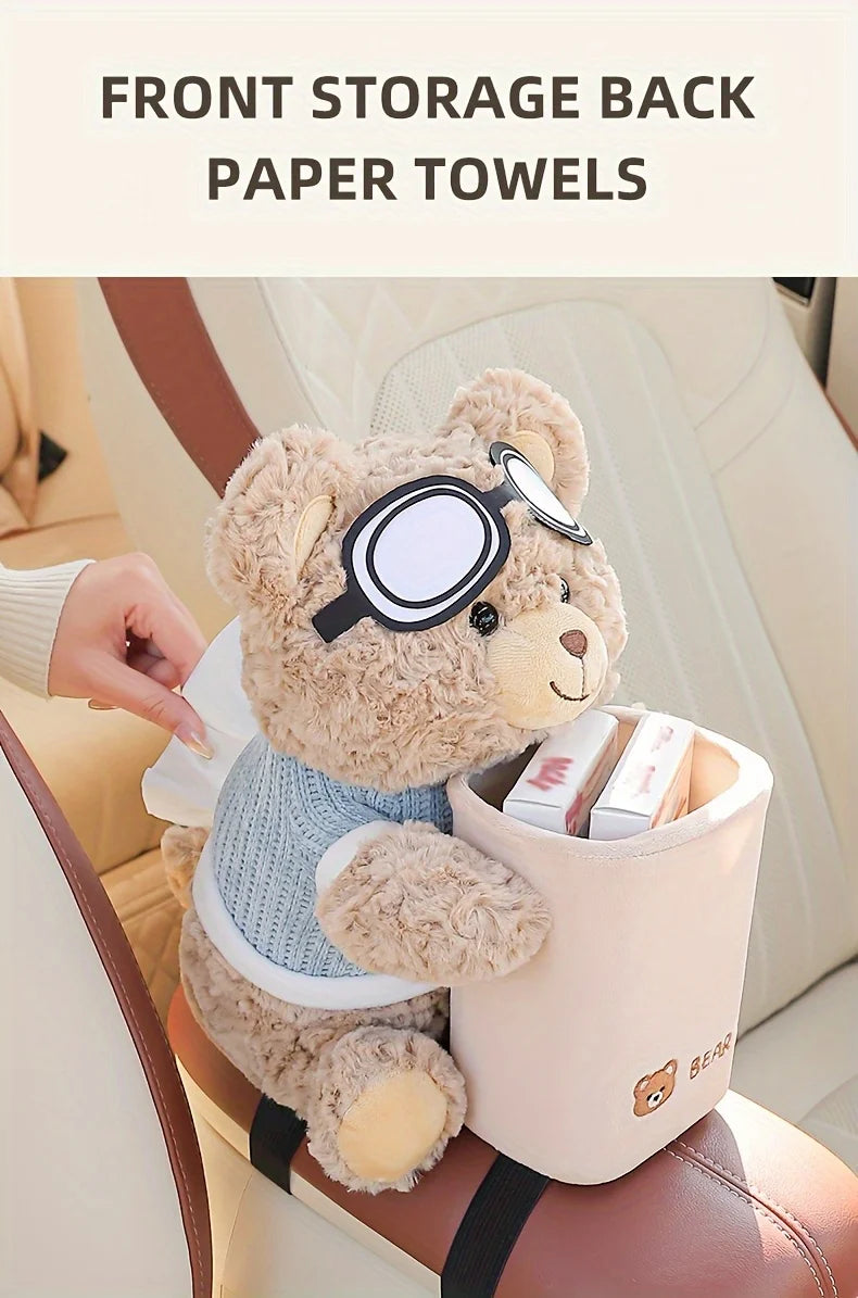 Adorable Teddy Bear Car Tissue Holder & Trash Can Organizer