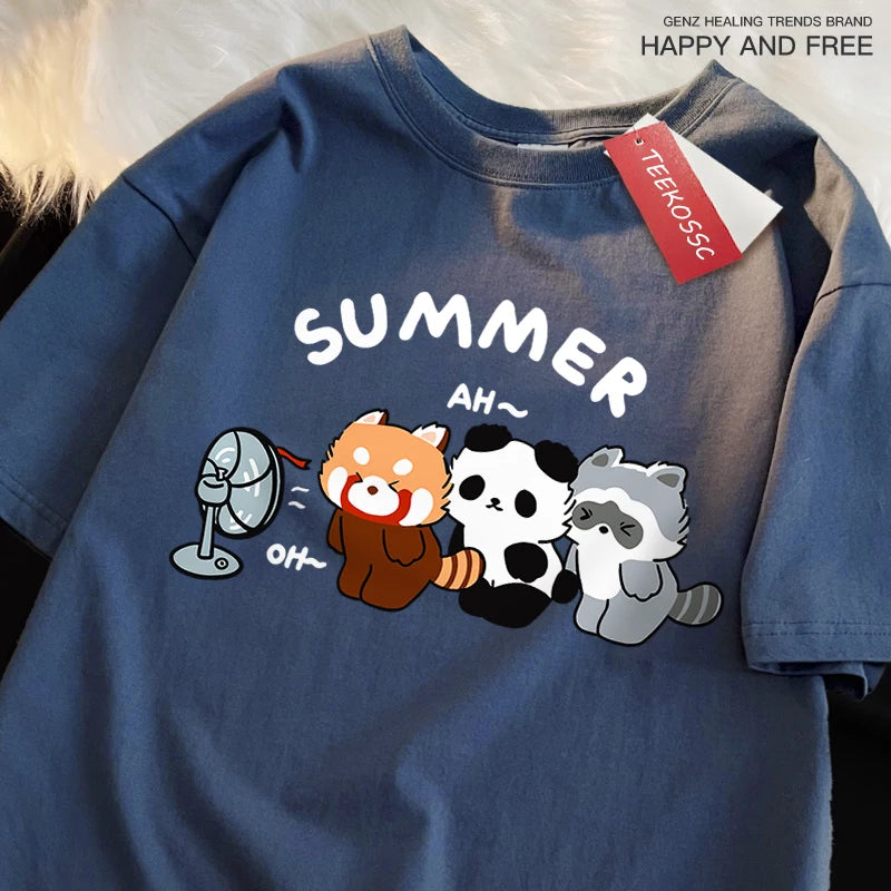 3 Raccoons Blowing Fans Print T-Shirt | Breathable Casual Wear