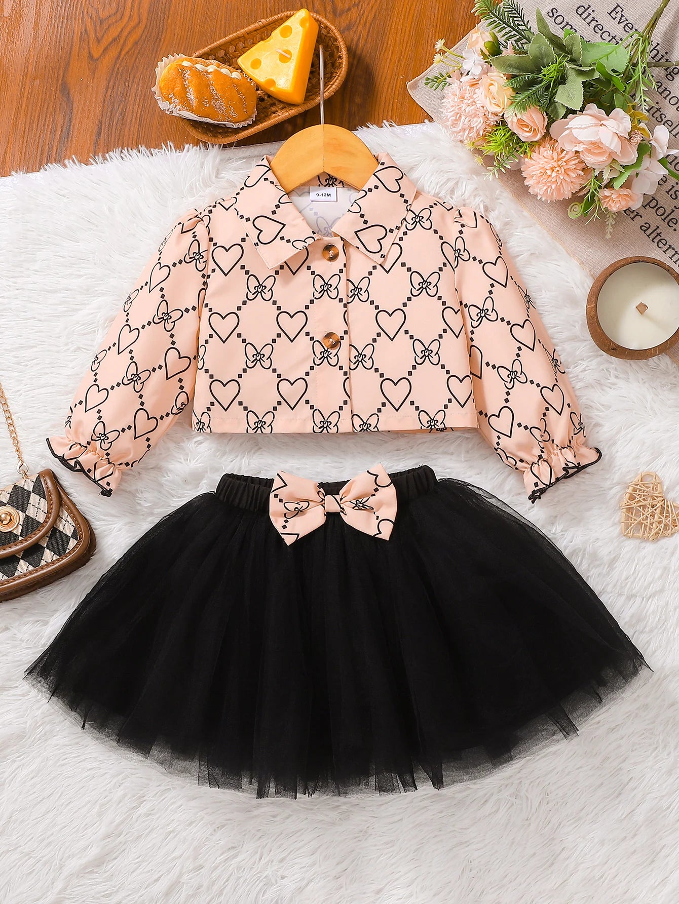 Adorable Baby Girl Heart Print Top and Tulle Skirt Set