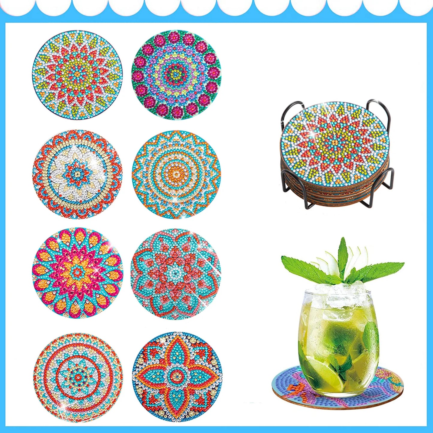 8-Piece DIY Mandala Diamond Painting Coasters | Full Drill Art Set