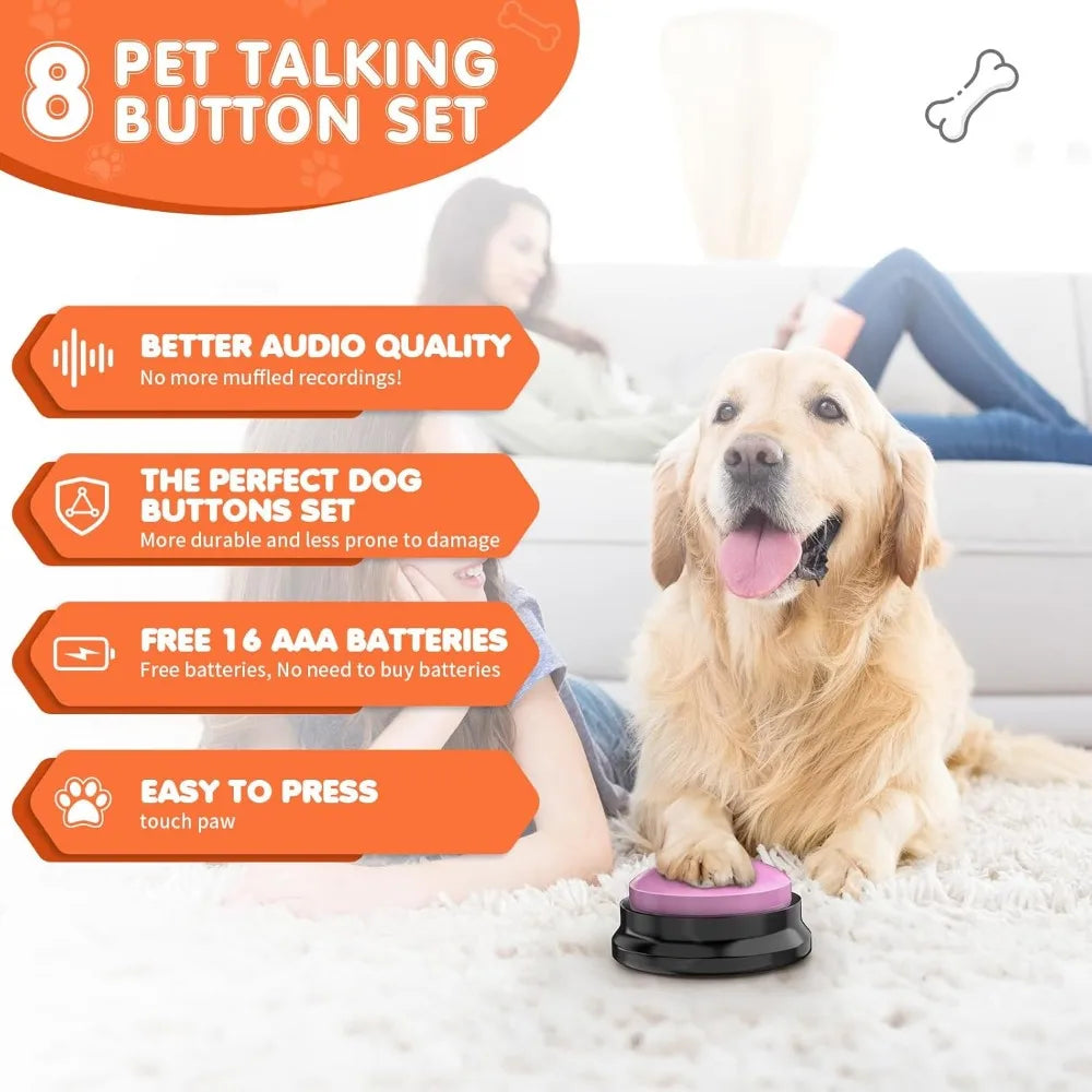 Botones para perros para comunicación, botones parlantes para perros, 8 botones de sonido grabables + 24 patrones de escenas + 1 alfombrilla para botones de perro + 16 pilas AAA