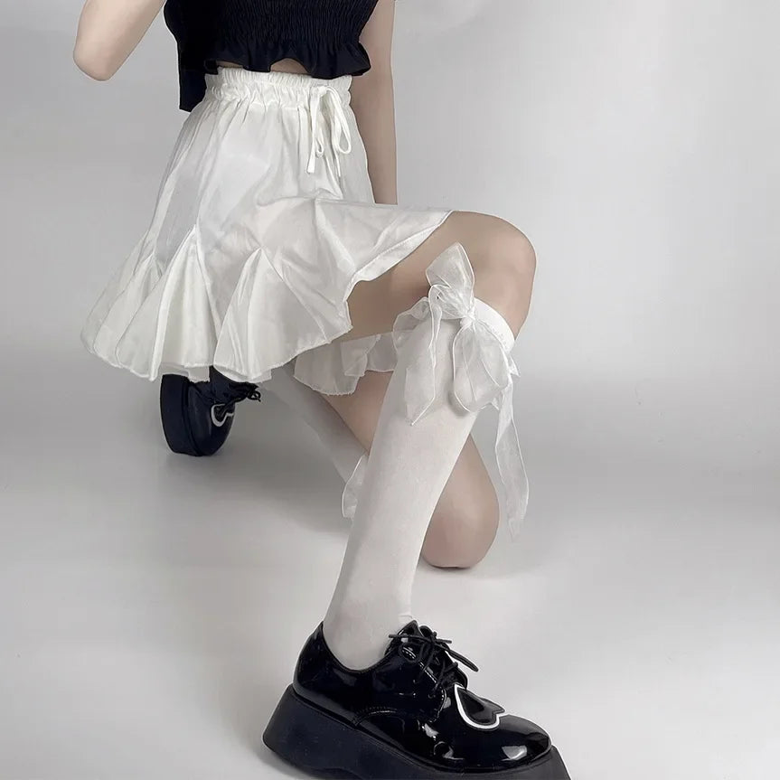 Kawaii Cute Black Stockings with Bowknot & Ruffles for Women