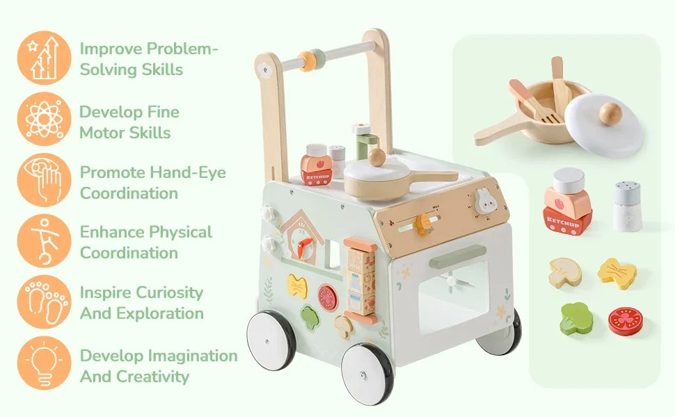 Adjustable Wooden Baby Walker | Montessori Push Toy for Toddlers