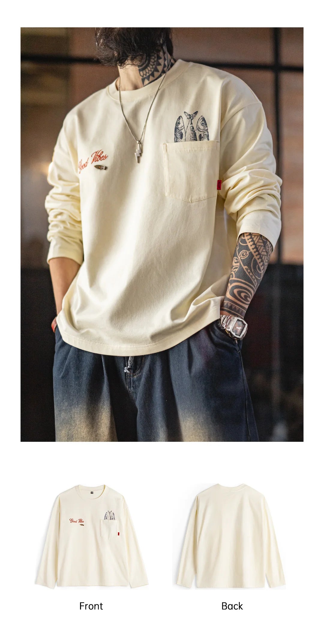Men's Cotton Fish Printed Long Sleeve Tee | Casual Comfort Wear