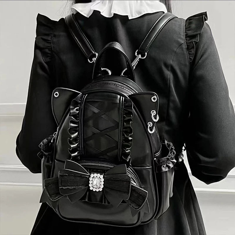 Mochila de piel sintética con orejas de gato y encaje | Elegante bolso de viaje