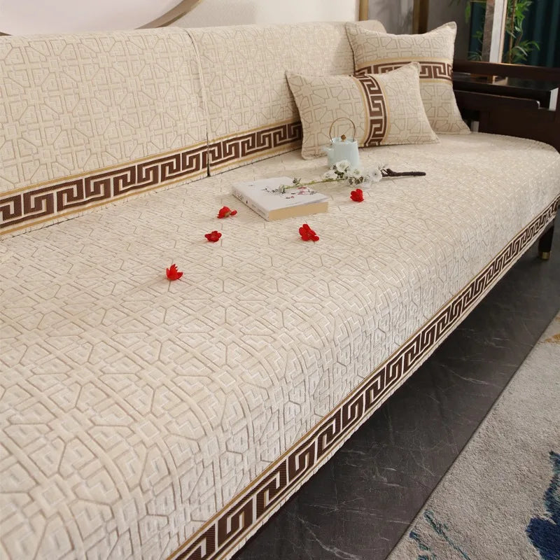 Non-Slip Geometric Chenille Sofa Cover | Universal All-Seasons Towel