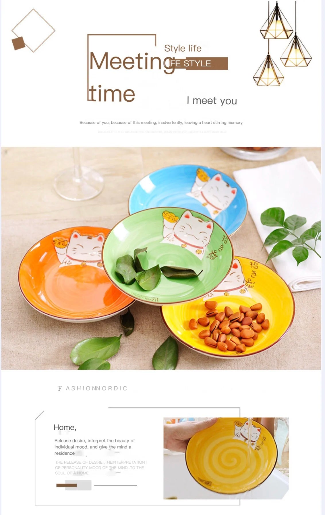 Multi-Color Cartoon Lucky Cat Round Ceramic Plate | Joyful Dining